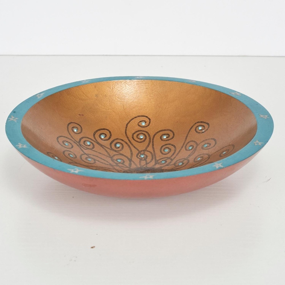 Darcy Wensfield Hand Painted Wood Bowl Small Gold Turquoise Celestial Signed Art